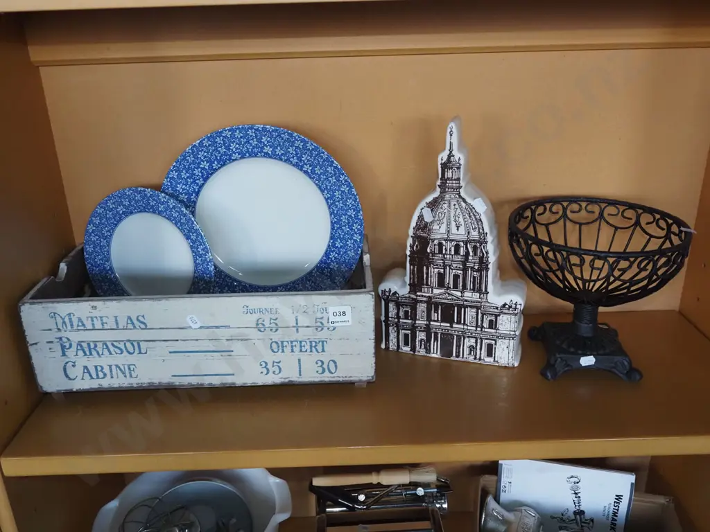 shelf; French themed box, cathedral ornament, metal footed fruit bowl etc Image 1++