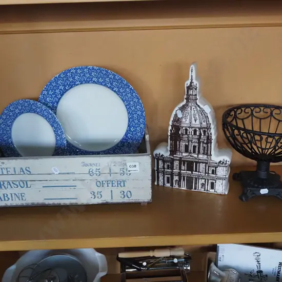 shelf; French themed box, cathedral ornament, metal footed fruit bowl etc