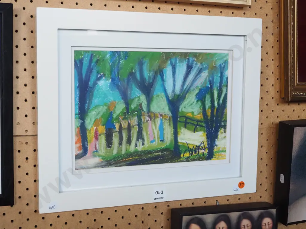 Justin Morshuis -- framed oil pastel on paper, several figures under trees H-200 W-285 Image 1++