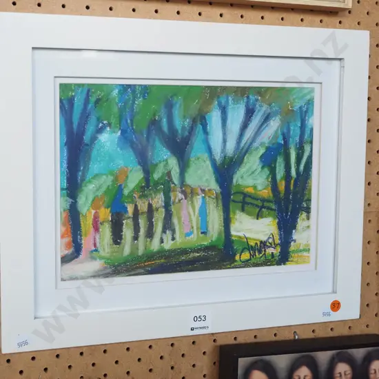 Justin Morshuis -- framed oil pastel on paper, several figures under trees H-200 W-285