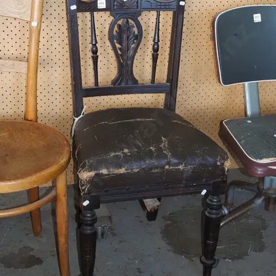 Victorian spindle/splat back dark stained chair - upholstery needs attention