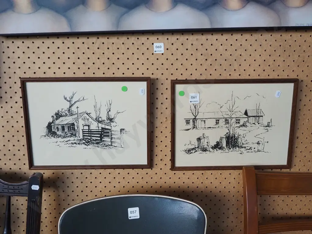 2x framed farm building prints - green dots Image 1++