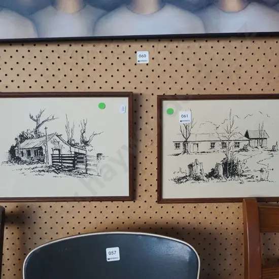 2x framed farm building prints - green dots