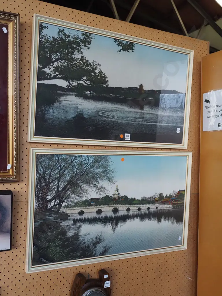 2x framed landscape prints on fabric - orange dots Image 1++