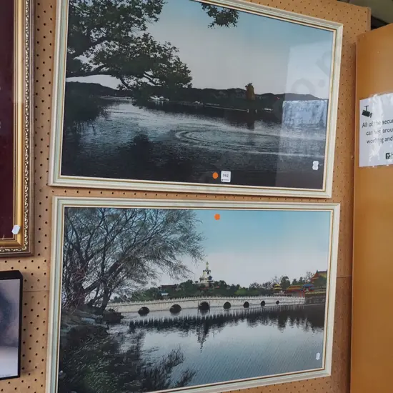 2x framed landscape prints on fabric - orange dots