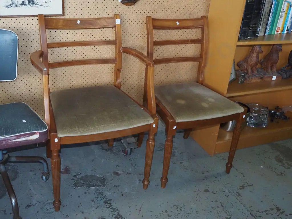 upholstered mahogany carver chair (repaired arm) and 1 matching dining chair Image 1++