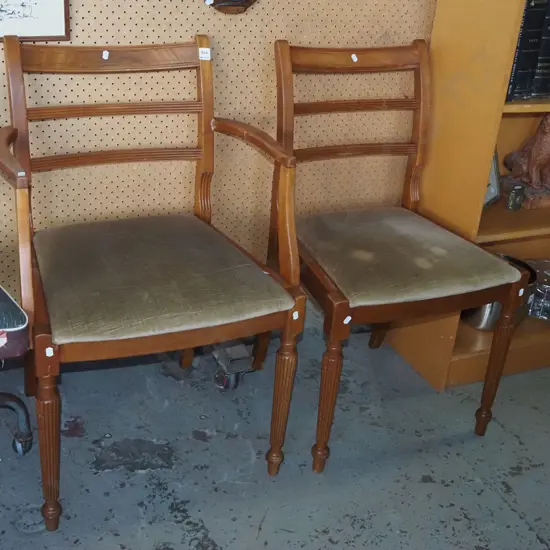 upholstered mahogany carver chair (repaired arm) and 1 matching dining chair