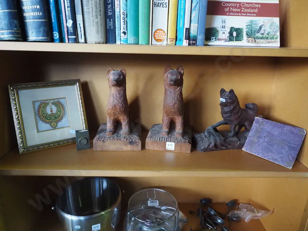 shelf; carved wooden dog figurines, framed mixed media, vespa case, autograph book Image 1++