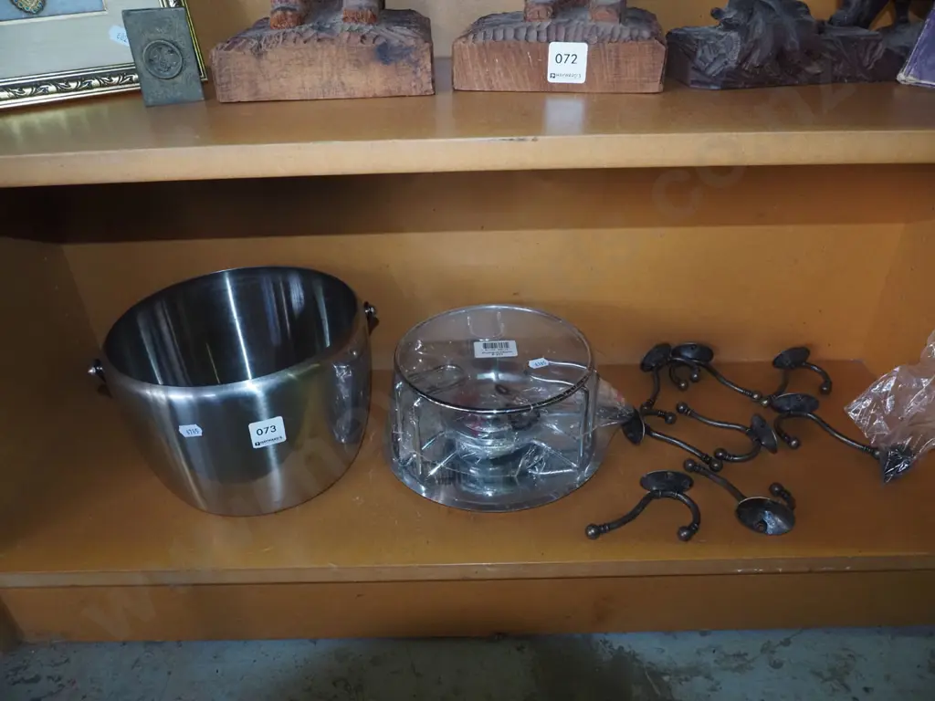 stainless steel bucket, white spirit stove, assorted coat hooks Image 1++
