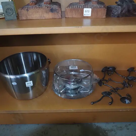 stainless steel bucket, white spirit stove, assorted coat hooks