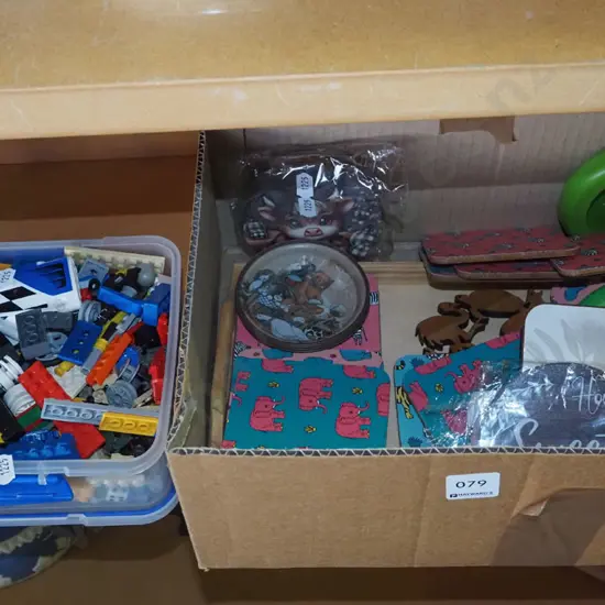 plastic container of Lego and a box of various coasters etc.