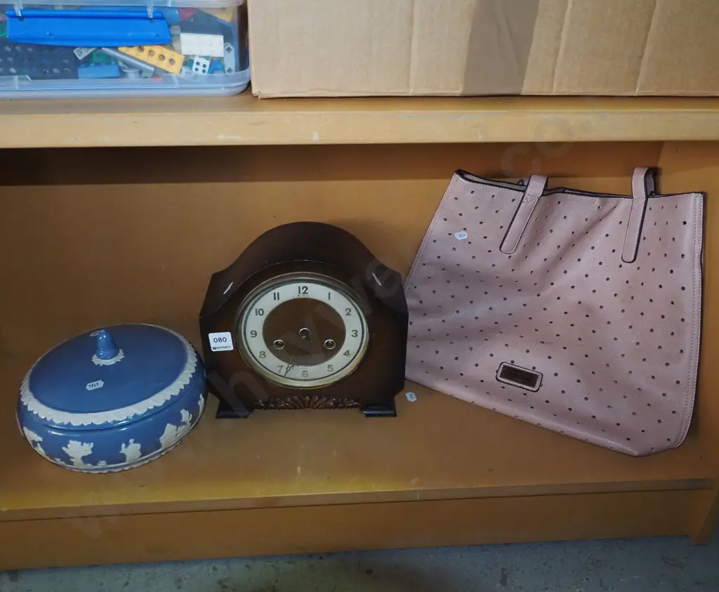 lidded dish, oak mantle clock, handbag Image 1++