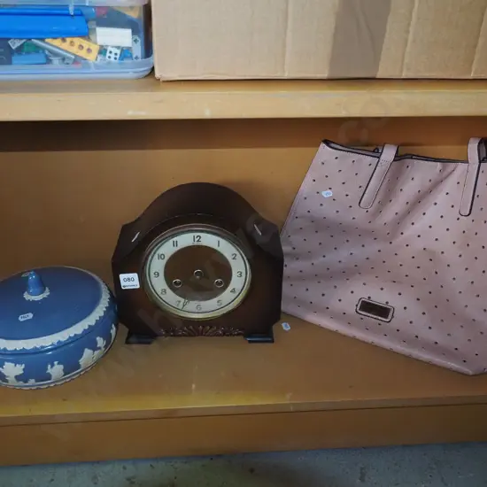 lidded dish, oak mantle clock, handbag