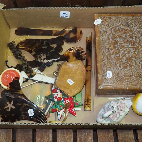 box; combs, serving spoons, change purse, carved wooden box etc