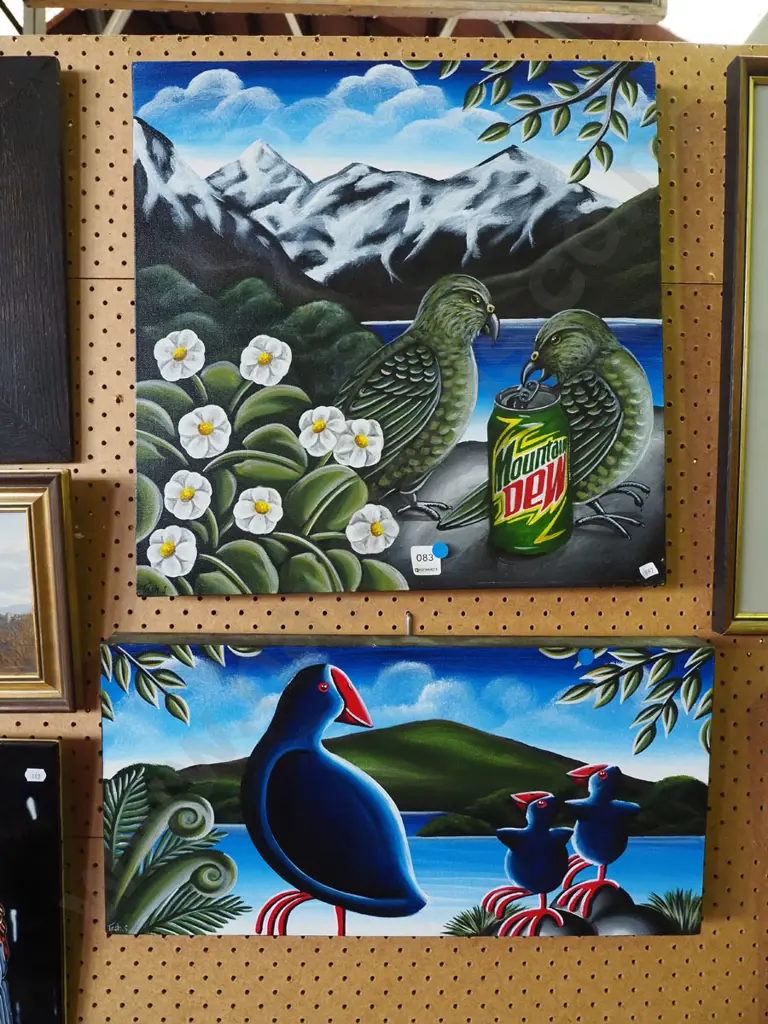 2x acrylics on boxed canvas - NZ birds - blue dots Image 1++