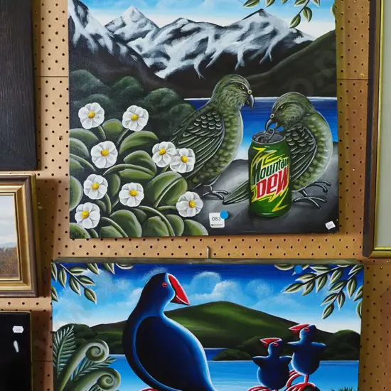 2x acrylics on boxed canvas - NZ birds - blue dots
