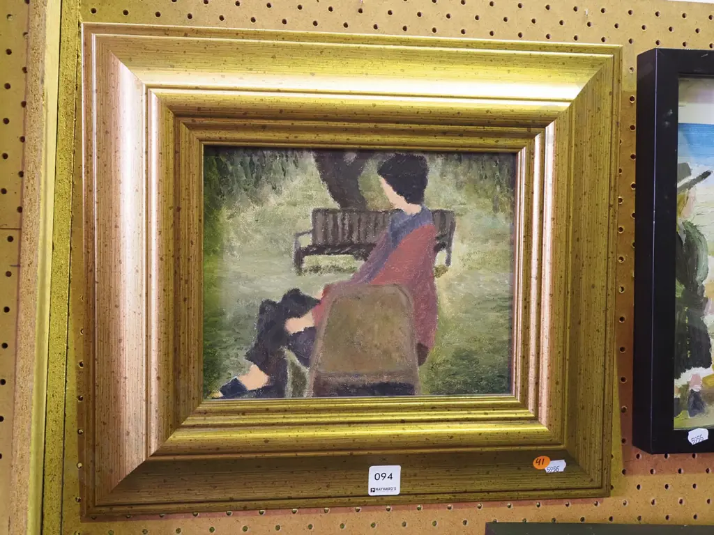 Justin Morshuis -- oil on stretched canvas in wide gold frame, figure sitting in park, H-190 W-240 Image 1++