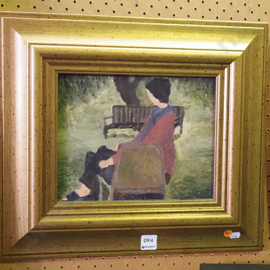 Justin Morshuis -- oil on stretched canvas in wide gold frame, figure sitting in park, H-190 W-240