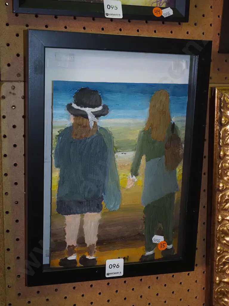 Justin Morshuis -- framed acrylic on loose canvas, two figures H-200 W-285 [work has come unhinged from backing board] Image 1++