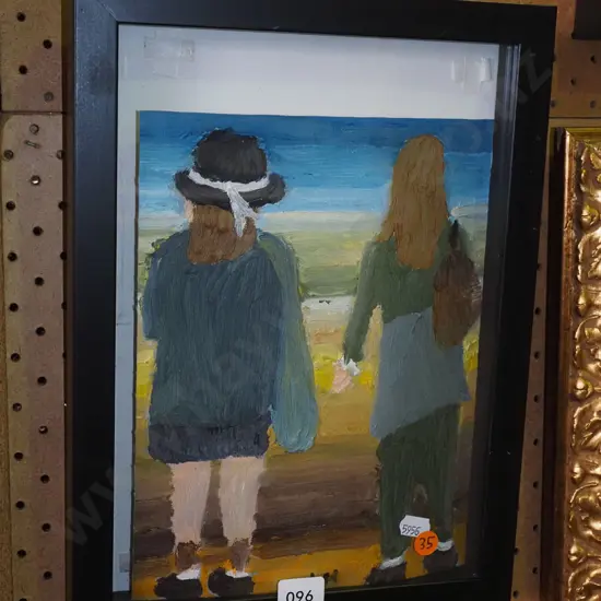 Justin Morshuis -- framed acrylic on loose canvas, two figures H-200 W-285 [work has come unhinged from backing board]