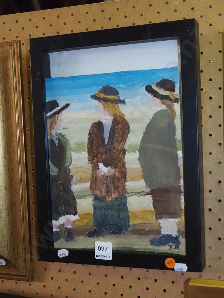 Justin Morshuis -- framed acrylic on loose canvas, three figures H-200 W-285 [work has come unhinged from backing board] Image 1++