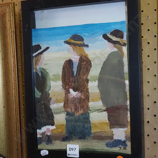 Justin Morshuis -- framed acrylic on loose canvas, three figures H-200 W-285 [work has come unhinged from backing board]