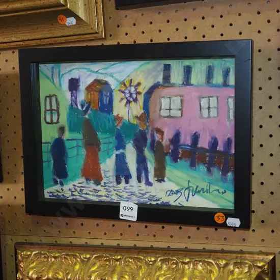 Justin Morshuis -- framed oil pastel on paper "Lady & Children" H-200 W-285