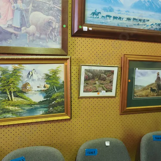 framed oil - landscape, framed stockman print, framed garden print - orange dots