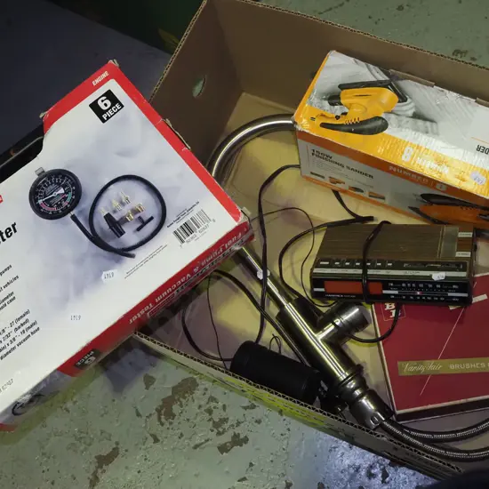box; finishing sander, fuel pump, alarm clock etc
