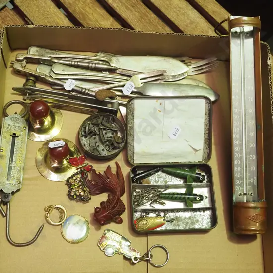 box; thermometer, cutlery, spring scales etc
