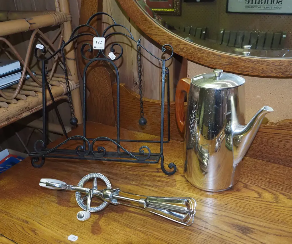 metal cookbook stand, egg beater, coffee perc Image 1++