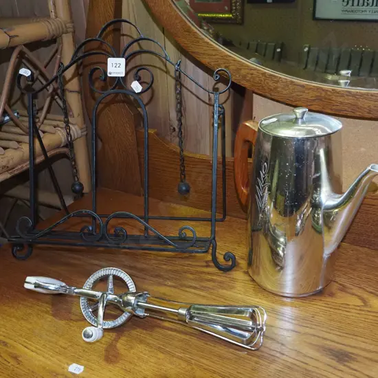 metal cookbook stand, egg beater, coffee perc