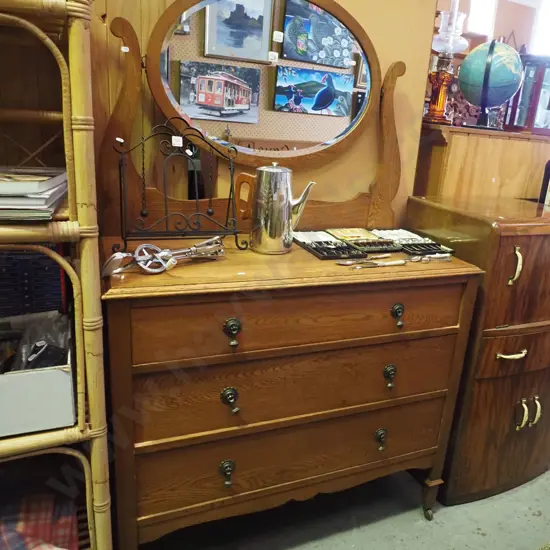 oak 3 drawer bevelled edge mirror back dresser H570 W1000 D490