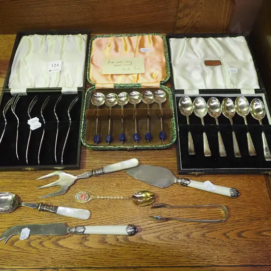 cased cutlery, mother of pearl handled servers etc