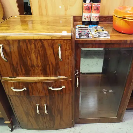 deco sideboard with drop front mirrored drinks cabinet, drawer, cupboard doors