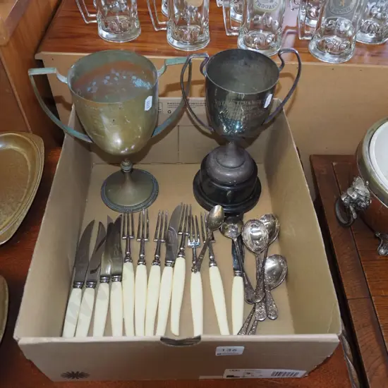 2x sporting trophies, bone handled knives etc
