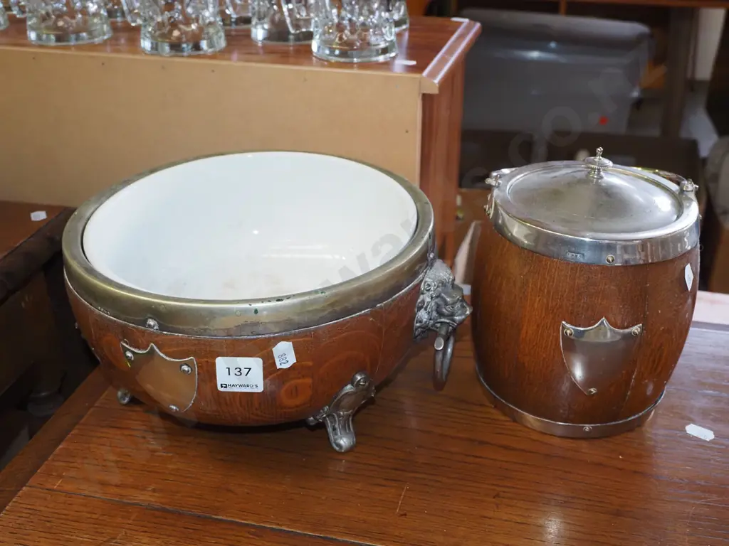 oak ice bucket, plated rimmed footed bowl with ceramic insert Image 1++