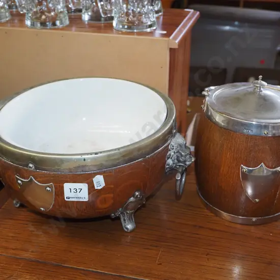 oak ice bucket, plated rimmed footed bowl with ceramic insert