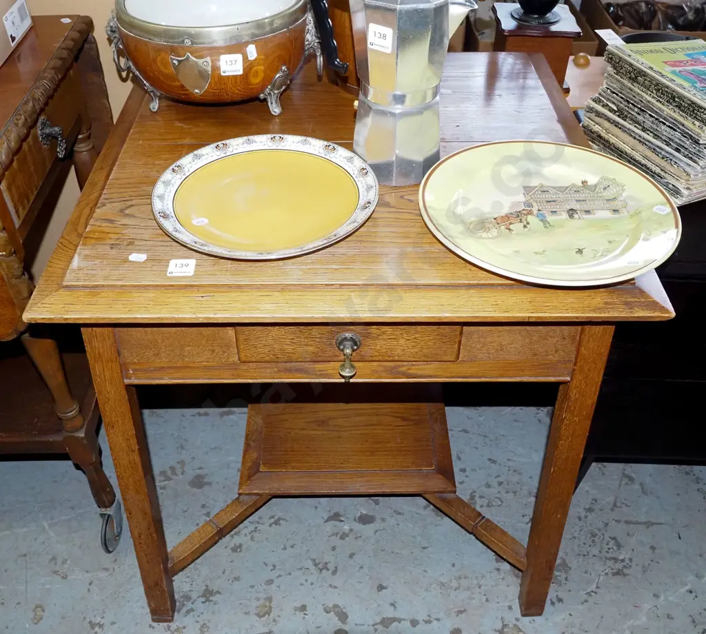 solid oak stretcher based lamp table with single drawer with brass drop handle - varnish needs attention  H650 W610 D610 Image 1++