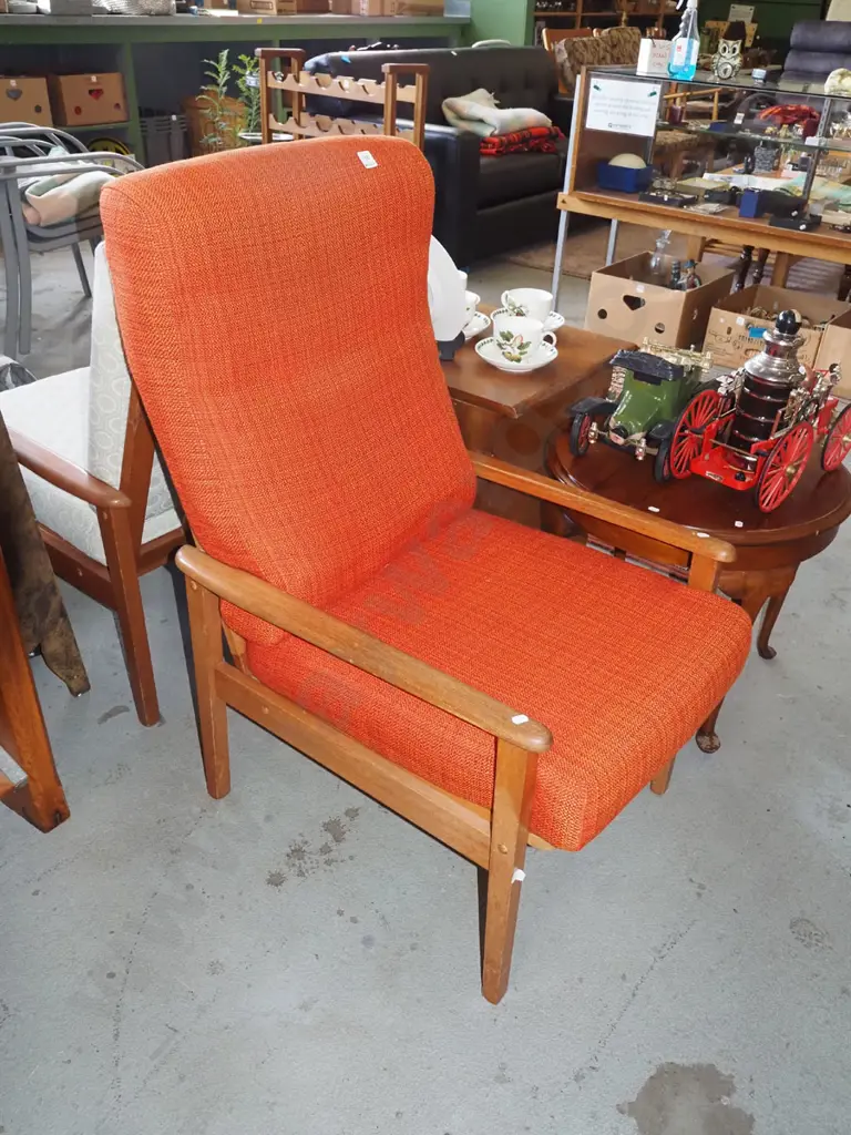 mahogany mid-century orange upholstered armchair - some sagging Image 1++
