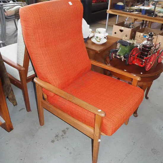 mahogany mid-century orange upholstered armchair - some sagging