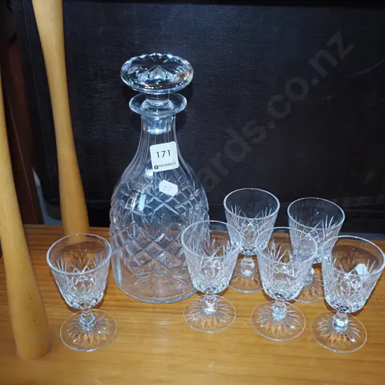 cut crystal decanter, 6x small goblets