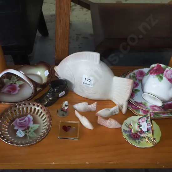 ceramic fish figurine, trios, brass boot etc