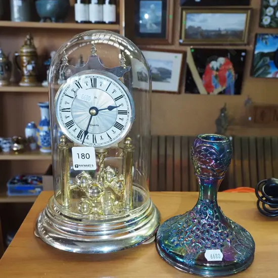 small anniversary clock, carnival glass candlestick etc