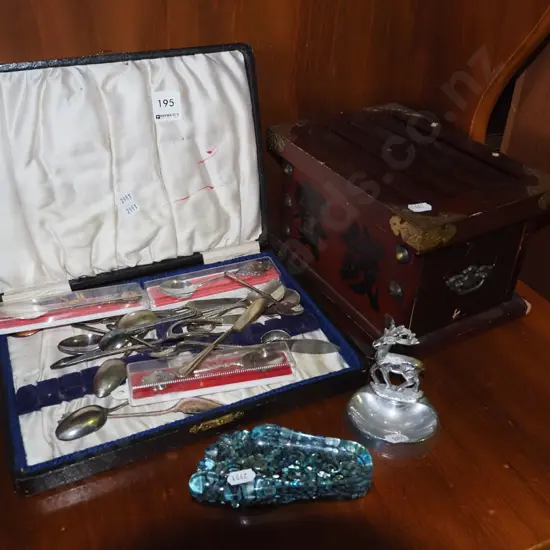 small single drawer Asian chest, teaspoons etc