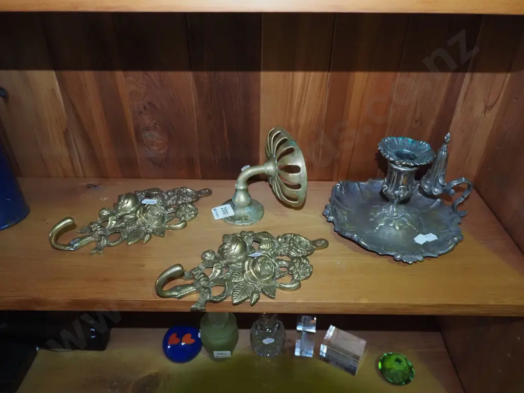 Victorian candlesticks, cast brass coat hooks, wall mounted brass soap dish Image 1++