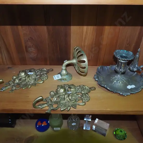 Victorian candlesticks, cast brass coat hooks, wall mounted brass soap dish