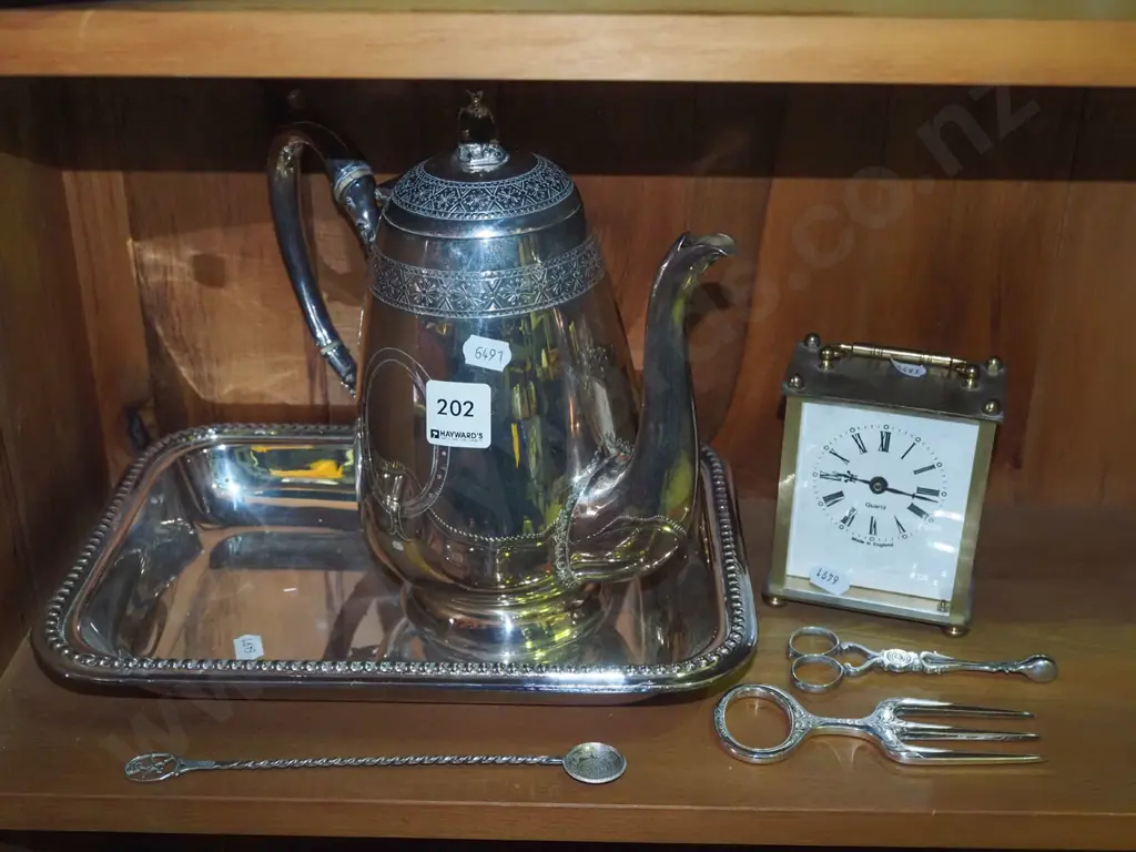 plated coffee pot, tray, reproduction carriage clock Image 1++