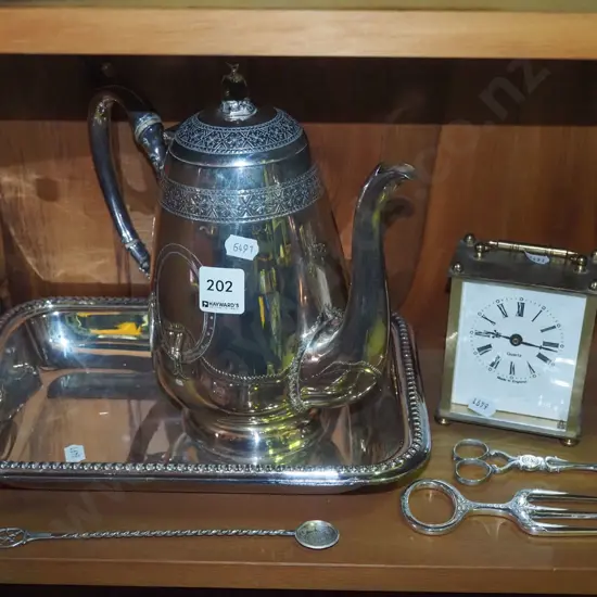 plated coffee pot, tray, reproduction carriage clock