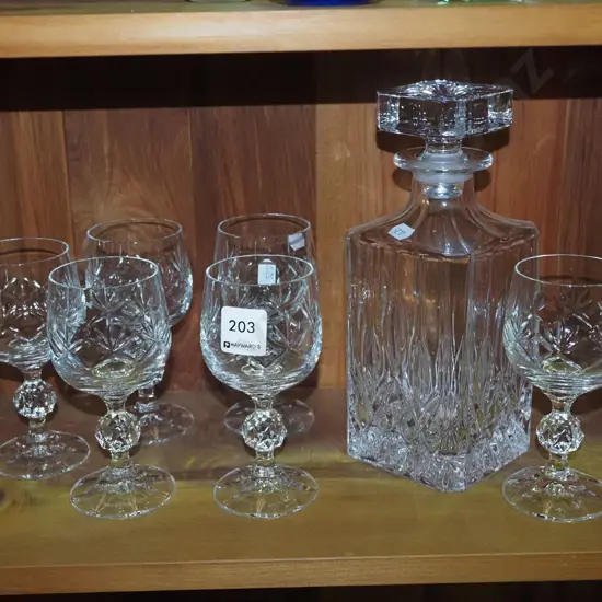 cut crystal decanter, 6x stemmed goblets